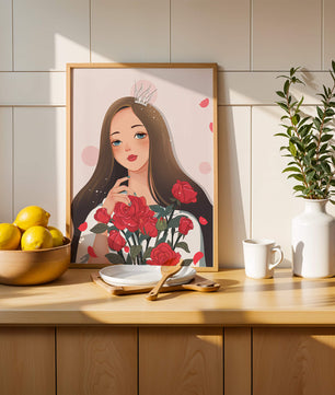 Illustration d'une fille animée avec une couronne et des roses