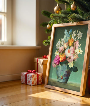 Floral arrangement in a decorative vase on a green background