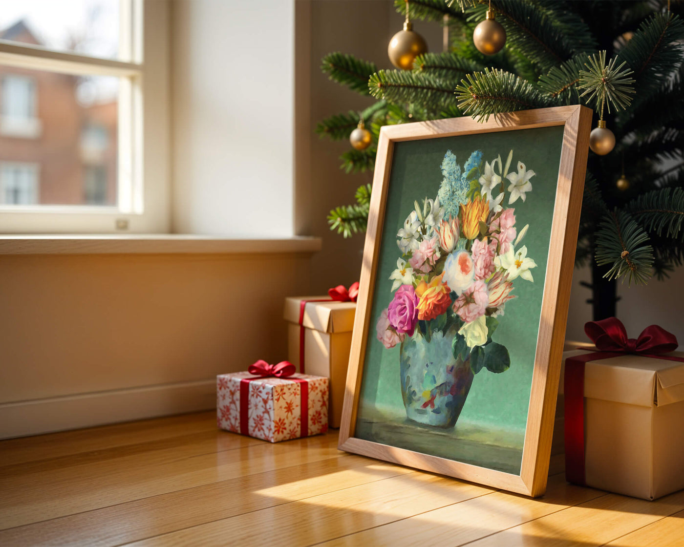 Floral arrangement in a decorative vase on a green background