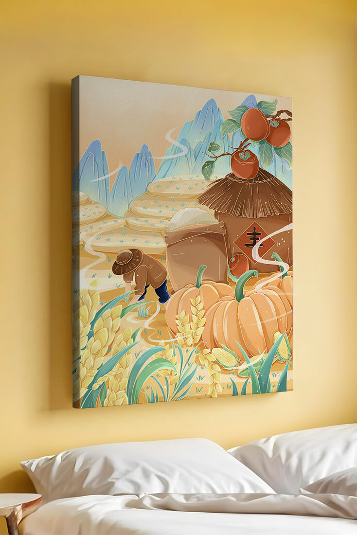 Pastoral landscape with pumpkins and farmer in rice fields