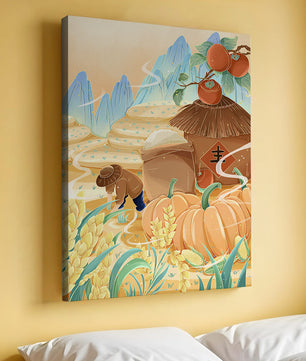 Pastoral landscape with pumpkins and farmer in rice fields