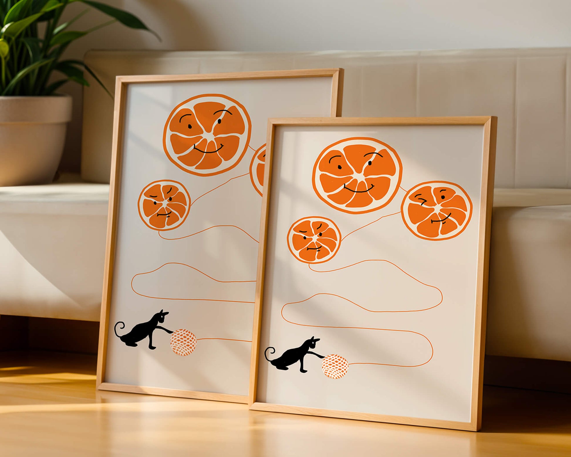 Playful illustration of oranges with cat and yarn