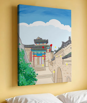 Arquitectura china tradicional con toques vibrantes y fondo escénico
