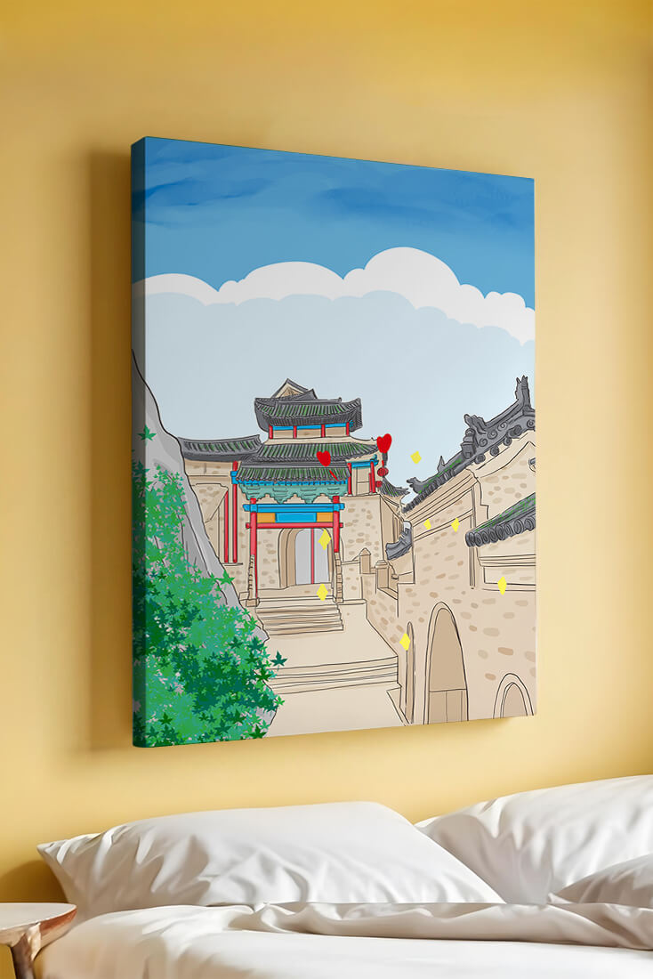 Arquitectura china tradicional con toques vibrantes y fondo escénico