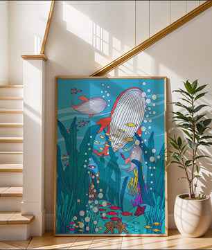Underwater world illustration with whales and fish amidst seaweed