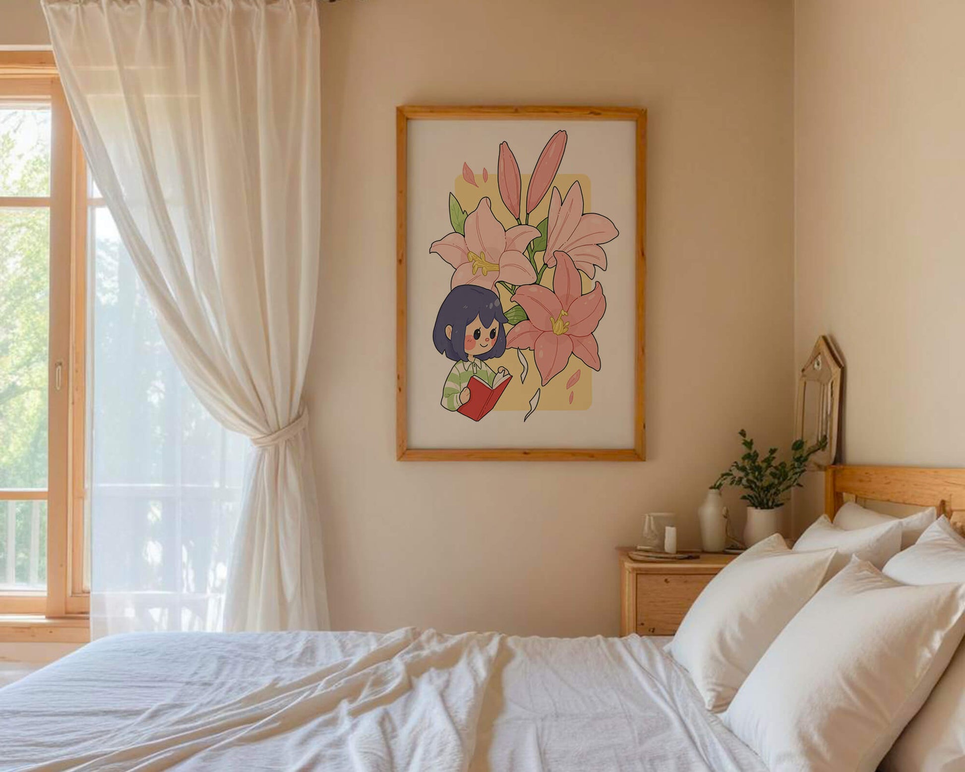 Illustration of a girl reading with large pink lilies in the background