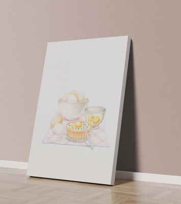 bowl of eggs and quiche on checkered cloth with fork in kitchen setting