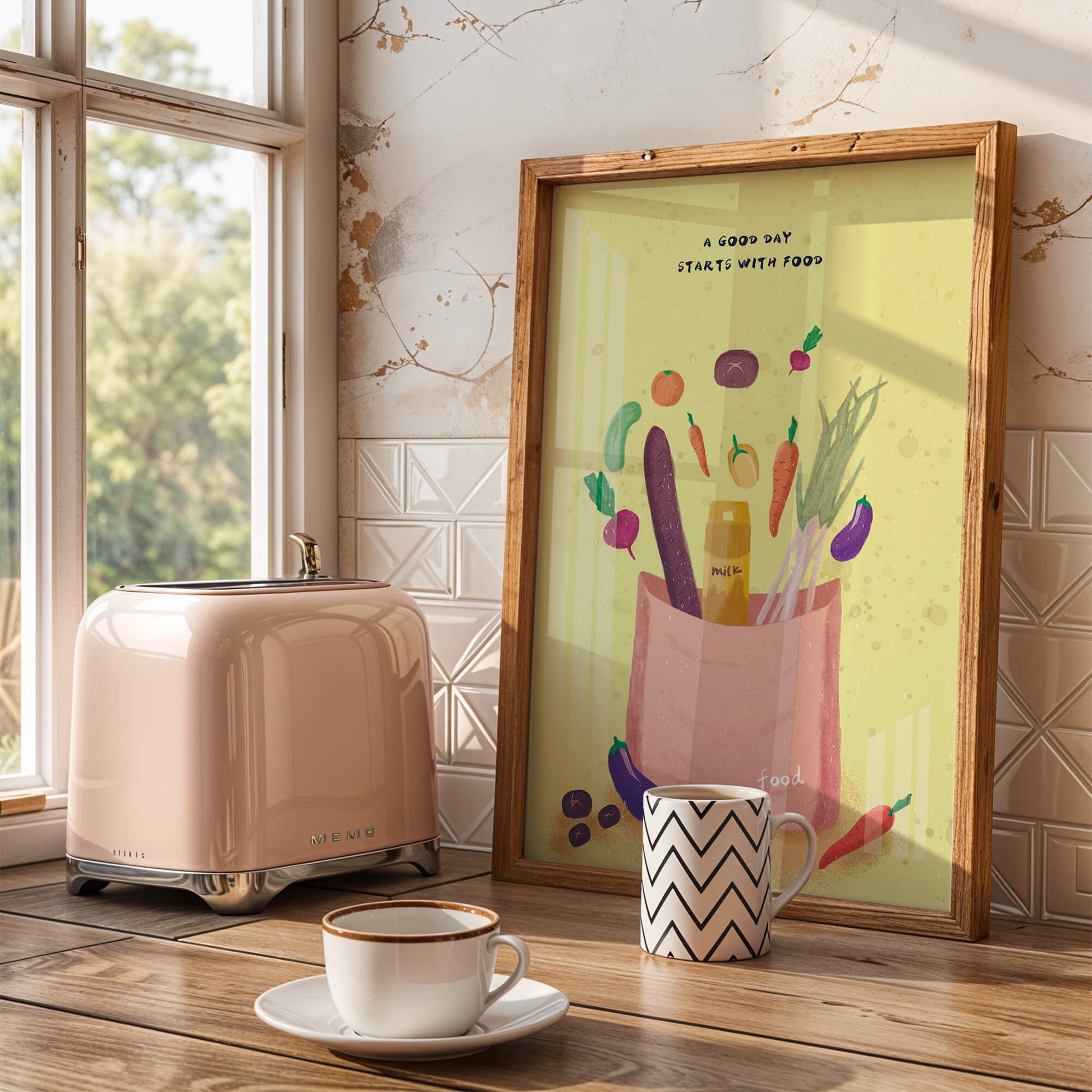Ilustración de vegetales frescos y leche en una bolsa de comestibles