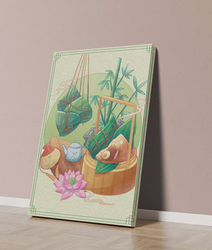 Traditional Asian tea set with bamboo and dumplings