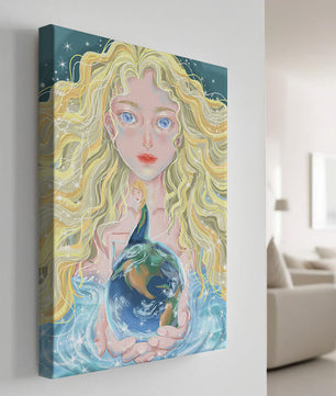 Fantasy artwork of woman holding earth with shimmering details
