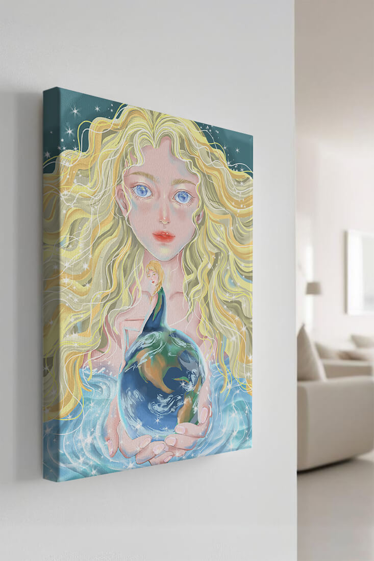Fantasy artwork of woman holding earth with shimmering details
