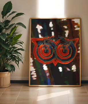 Abstract artwork featuring colorful geometric owl design