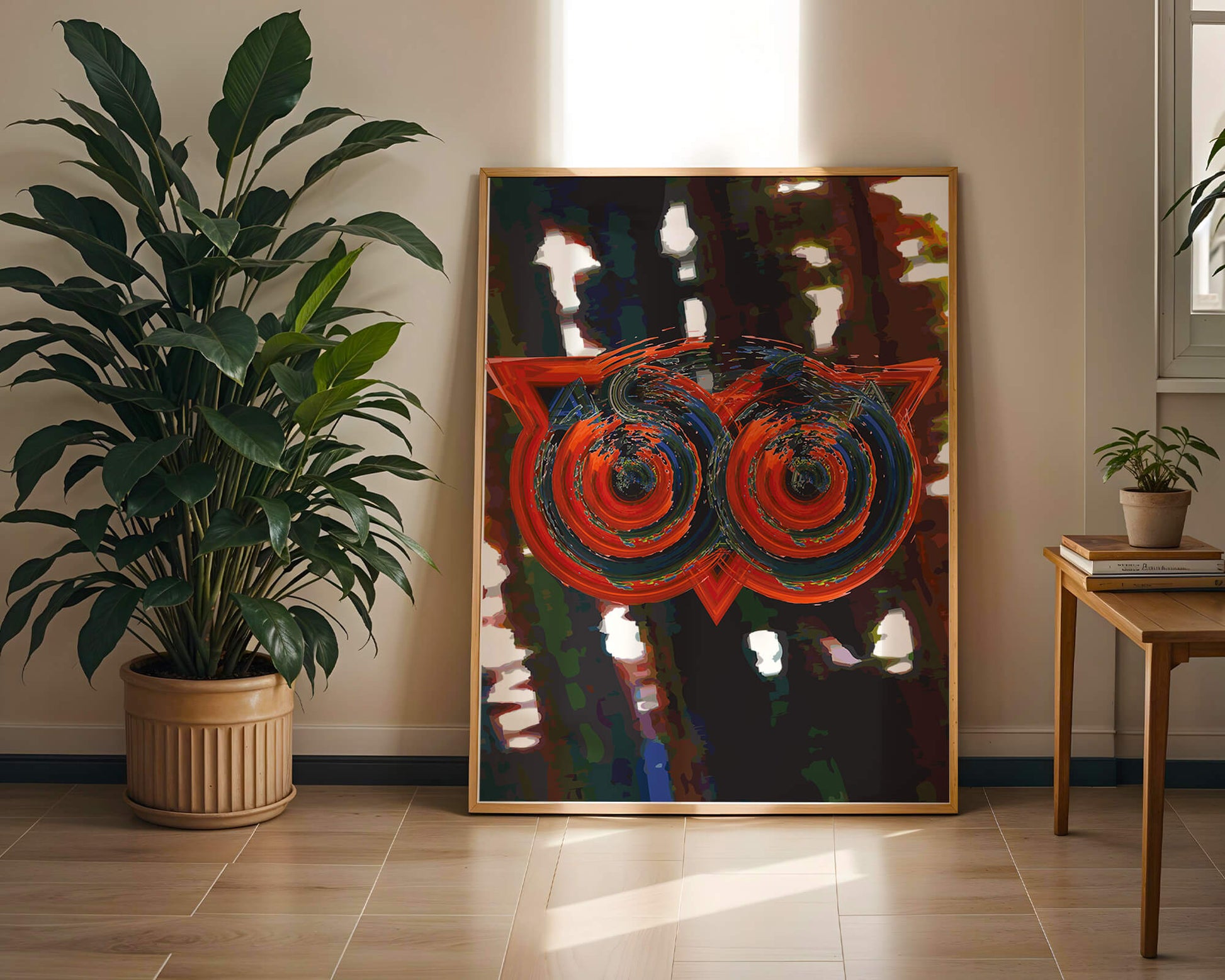 Abstract artwork featuring colorful geometric owl design