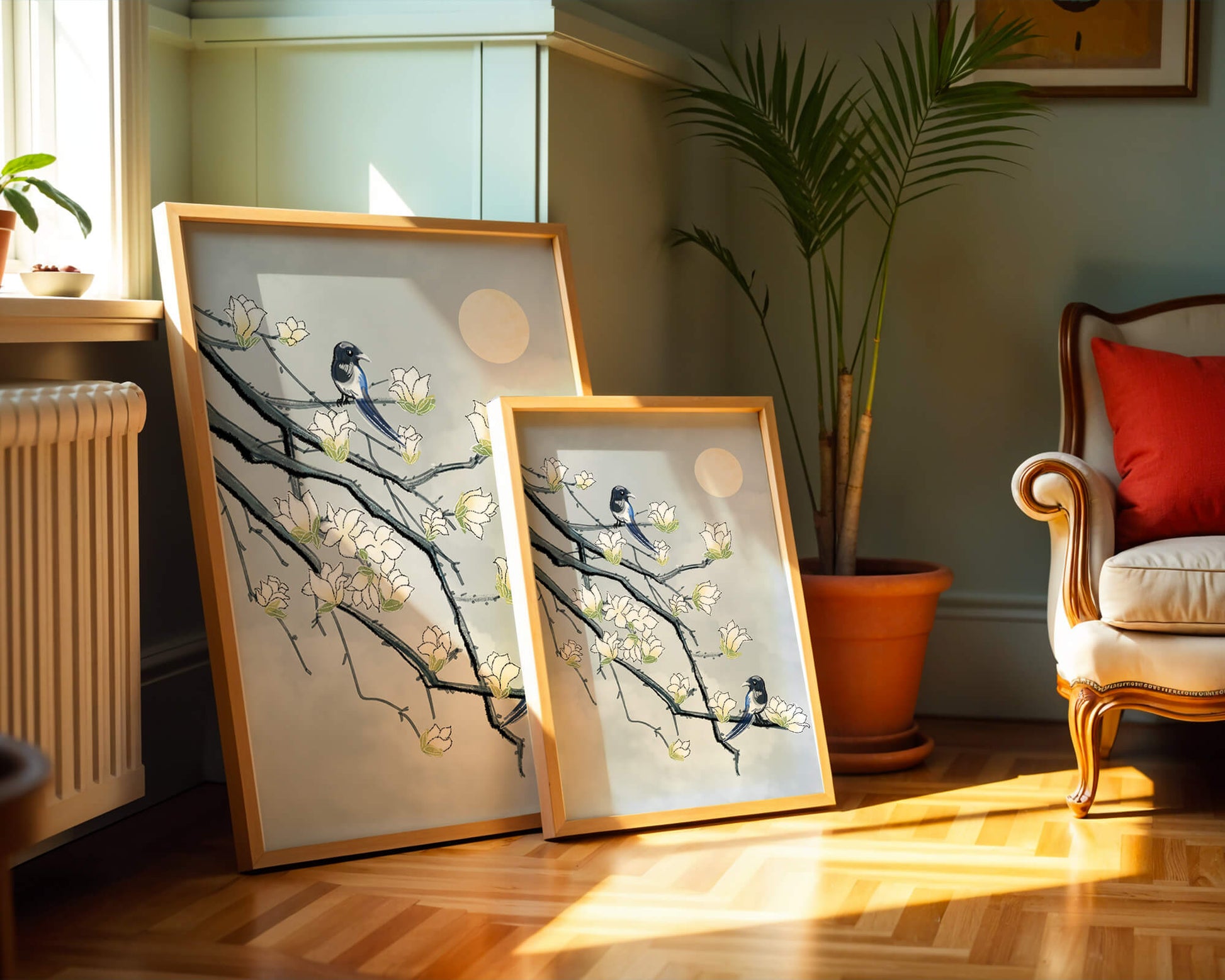Birds on blossoming branches under a serene moonlit sky