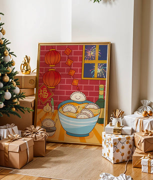 Festive Dumpling Illustration with Lanterns and Fireworks - Mi tienda