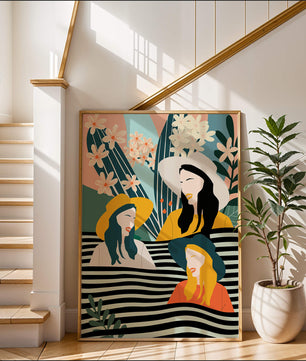 Illustration abstraite colorée de trois femmes avec des éléments floraux et botaniques