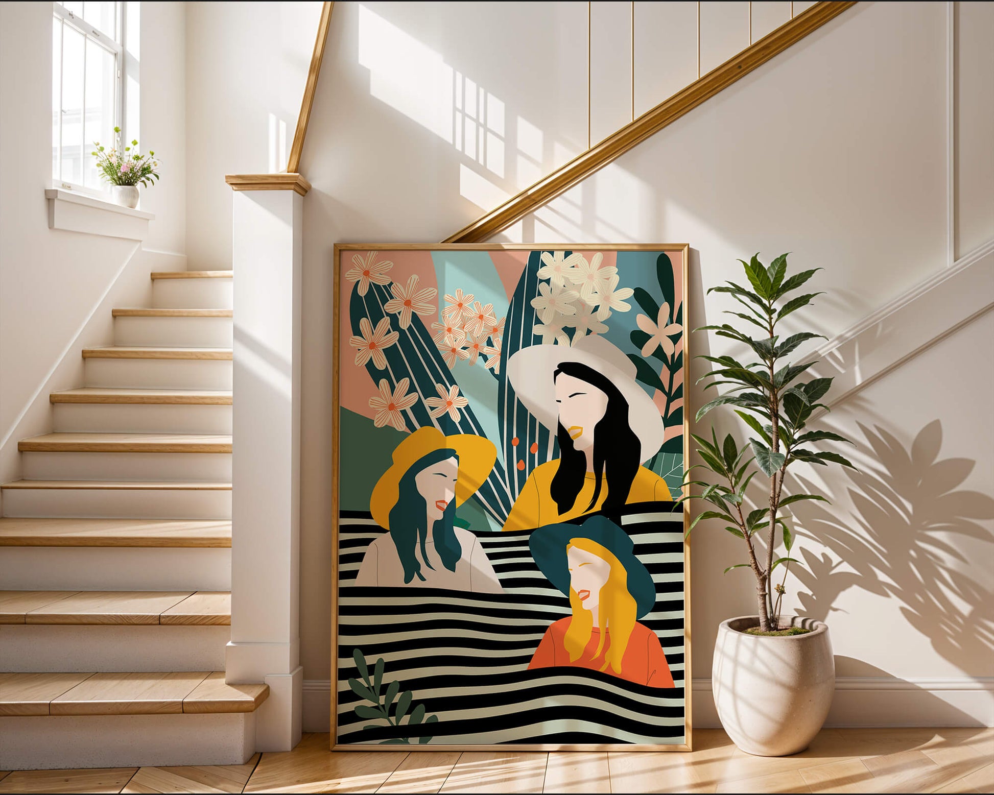 Illustration abstraite colorée de trois femmes avec des éléments floraux et botaniques