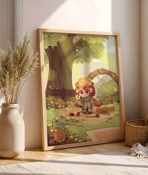 Charming anime-style scene with young girl, flowers, and nature background