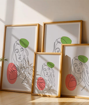 Line Art Portrait auf grauem Hintergrund mit Farbakzenten 
