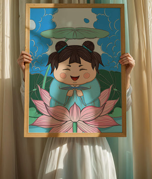 Whimsical illustration of a joyful child with lotus and umbrella