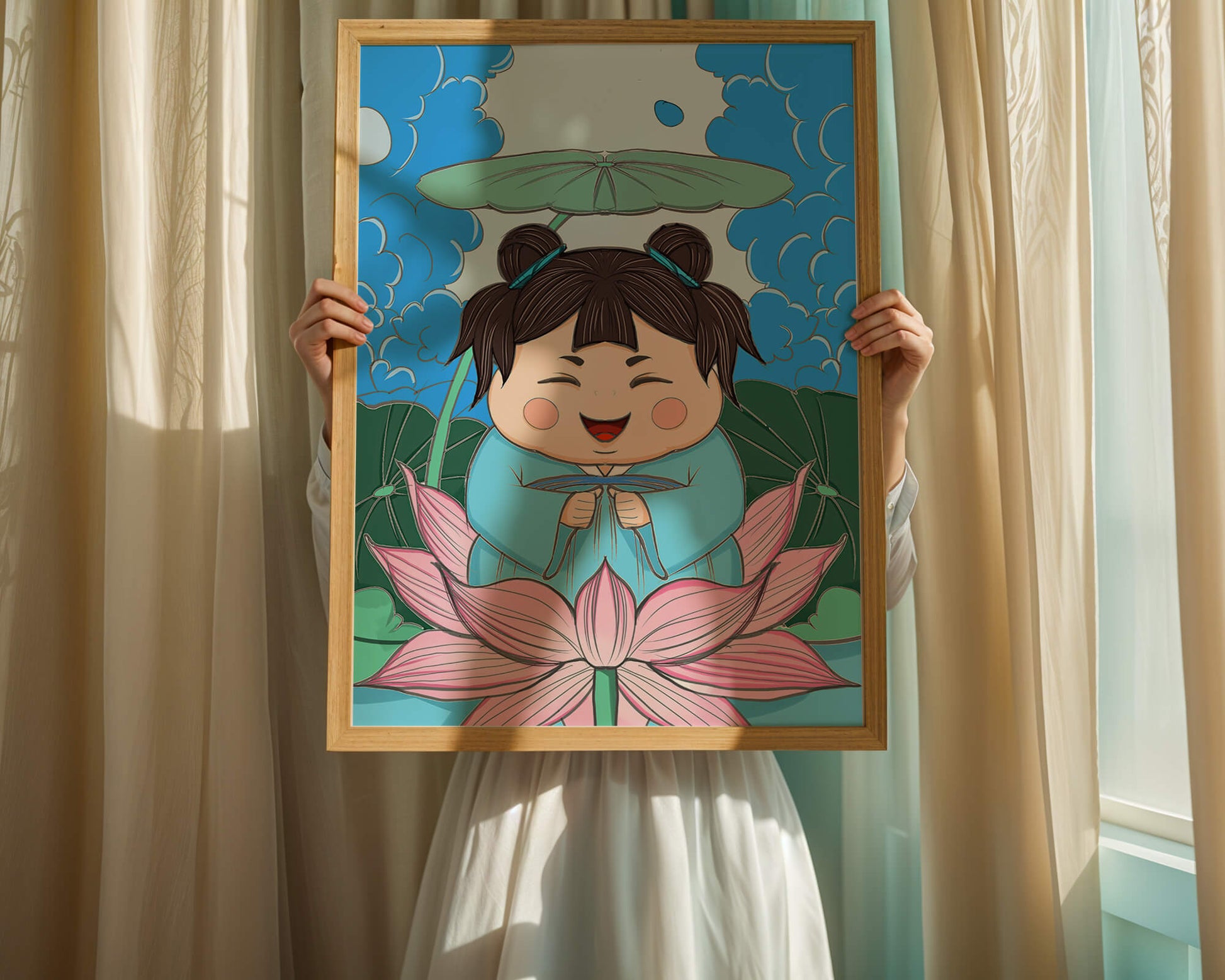 Whimsical illustration of a joyful child with lotus and umbrella