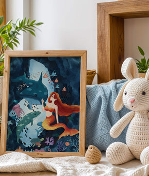 Underwater scene with a mermaid interacting with sea creatures in a vibrant ocean cave