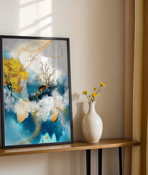Surreal Nature Scene with Elephants and Golden Leaves