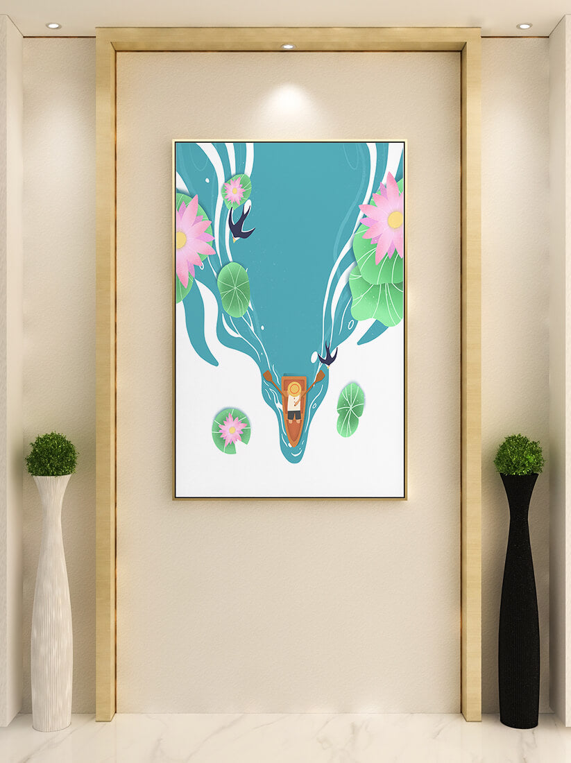 Peaceful boat ride with lily pads and pink flowers