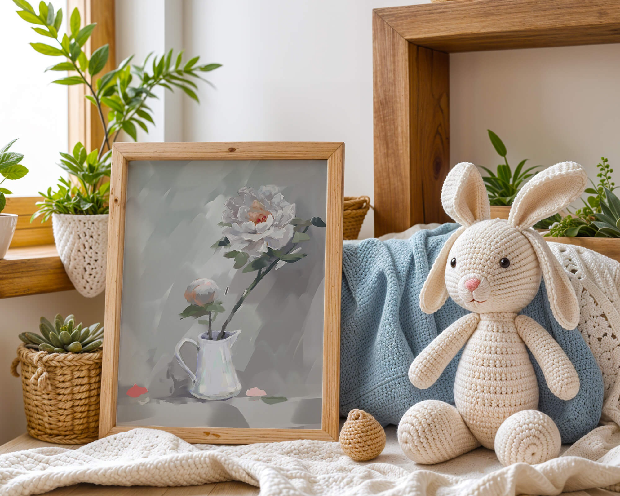 Elegant white peonies in a ceramic jug with soft pastel background