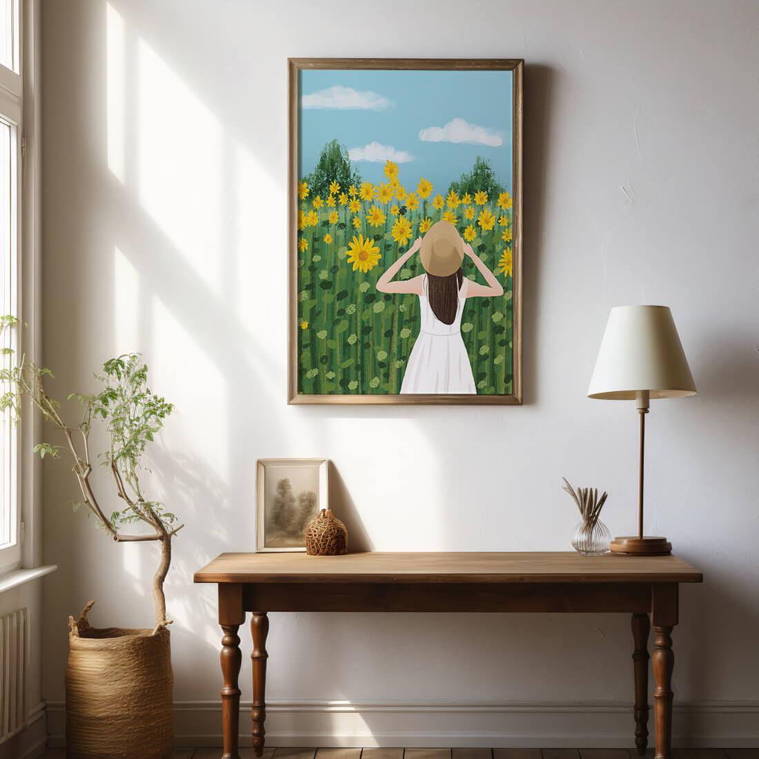 Mujer con vestido blanco admirando un campo de girasoles