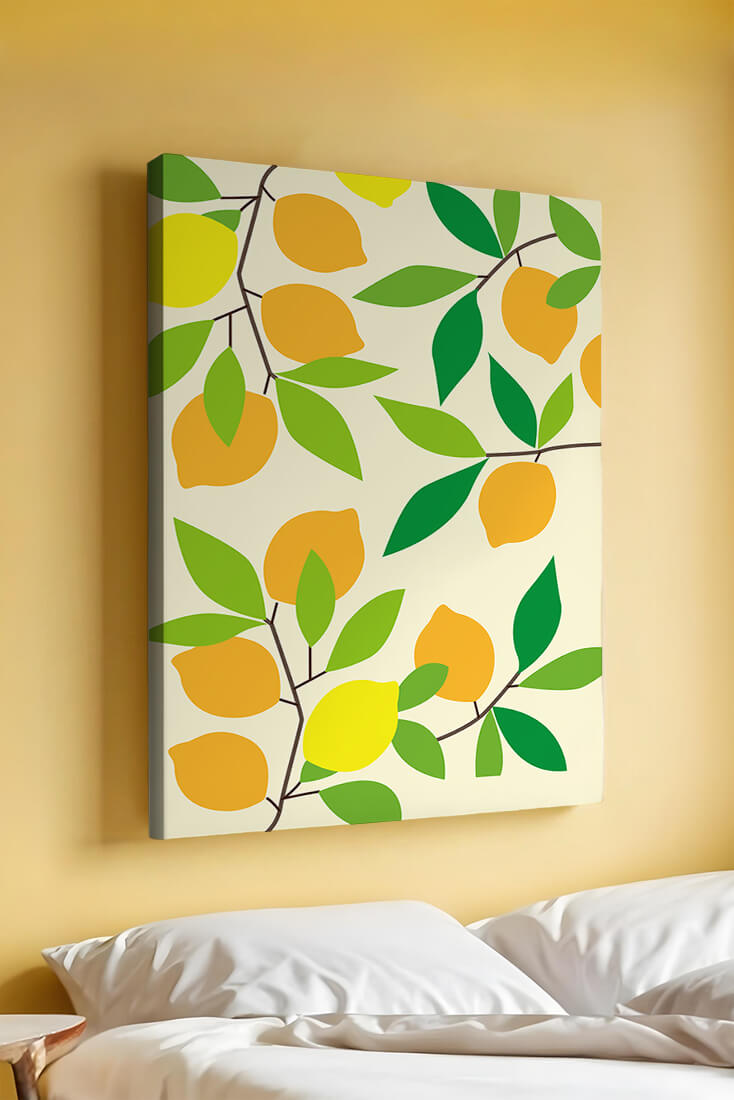 Vibrant lemon pattern with colorful leaves and citrus fruits