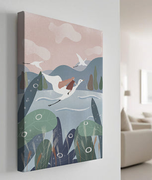 Whimsical landscape with flying birds and pink sky