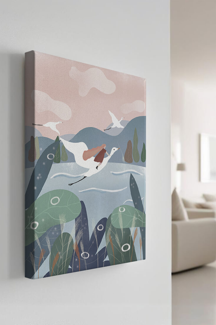 Whimsical landscape with flying birds and pink sky