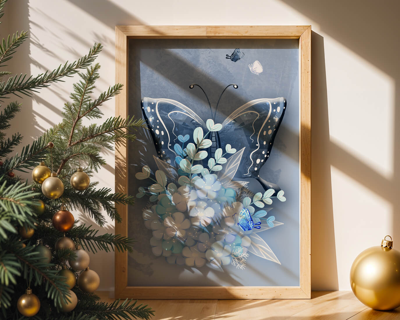 Floral and butterfly digital artwork in calming blue shades
