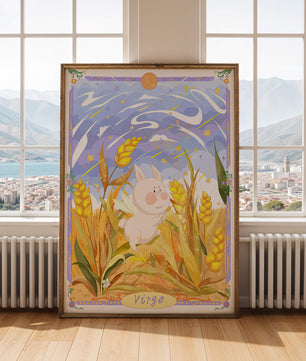 Cute Bunny in Wheat Field with Virgo Zodiac Theme