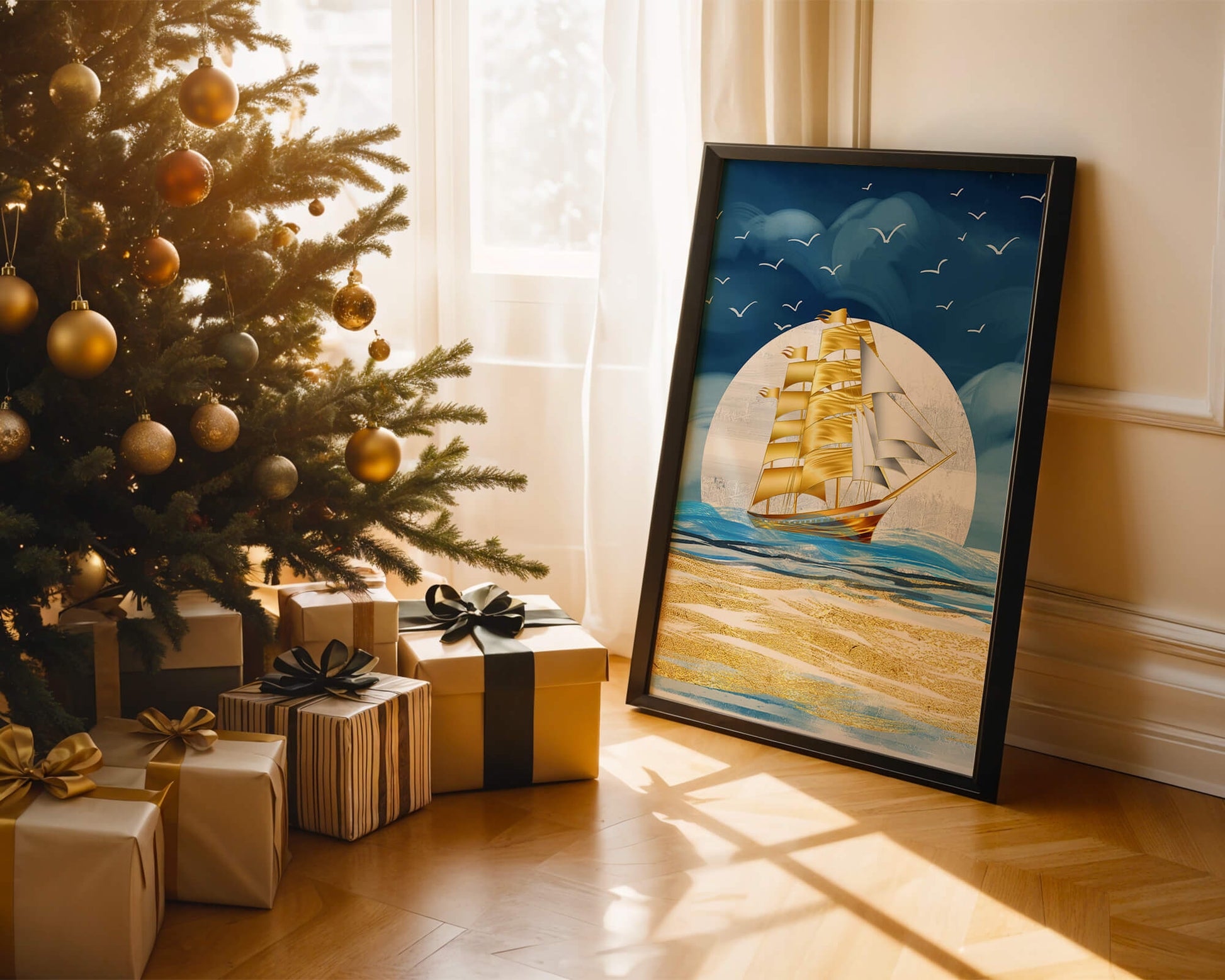 Golden Sailing Ship on the Sea with Seagulls and Blue Horizon