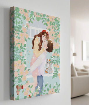 Romantic Kiss Amidst Blooming Flowers And Playful Cat