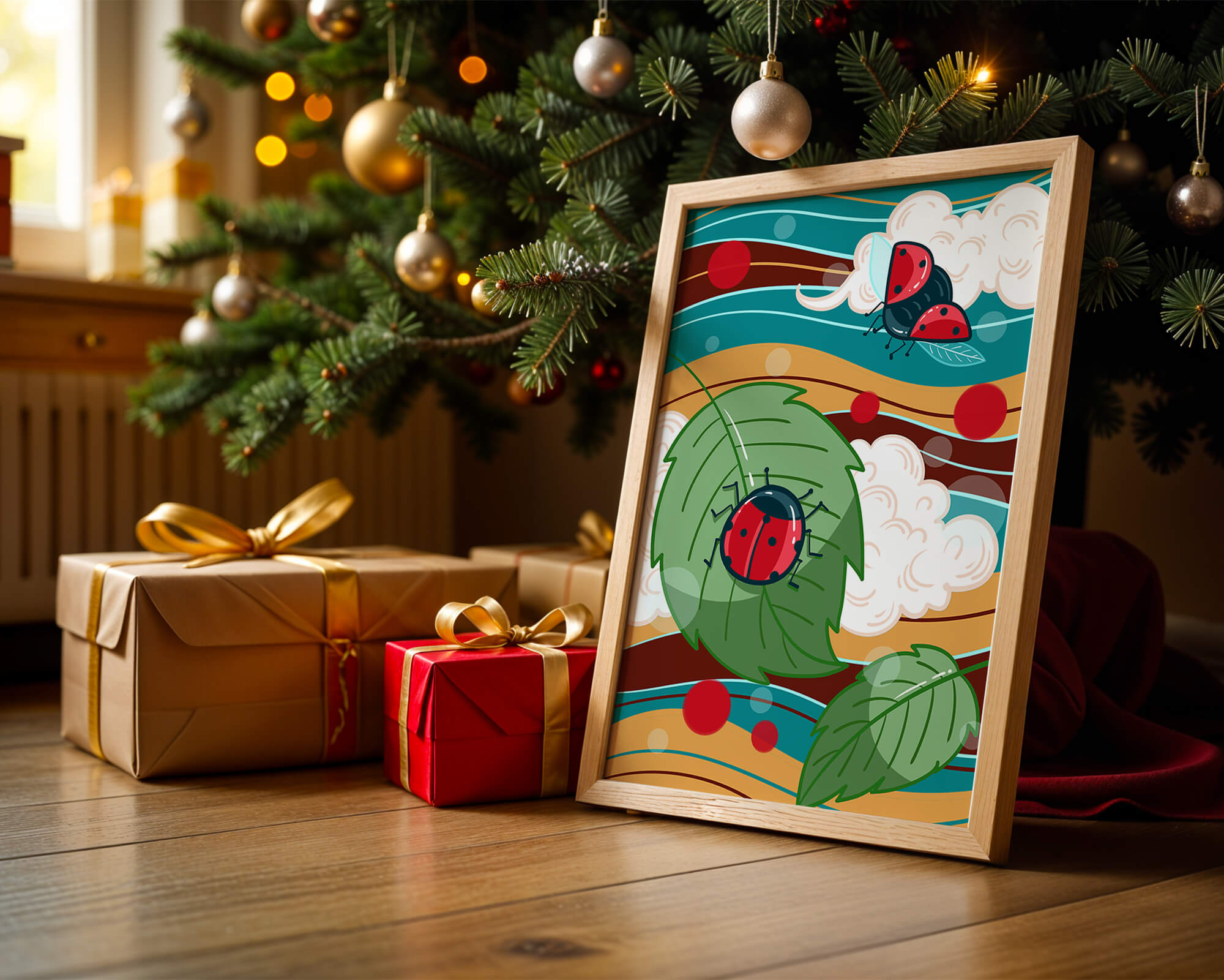 Colorful illustration of ladybugs in a whimsical natural setting