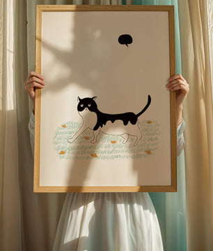 Whimsical cat illustration in field of flowers