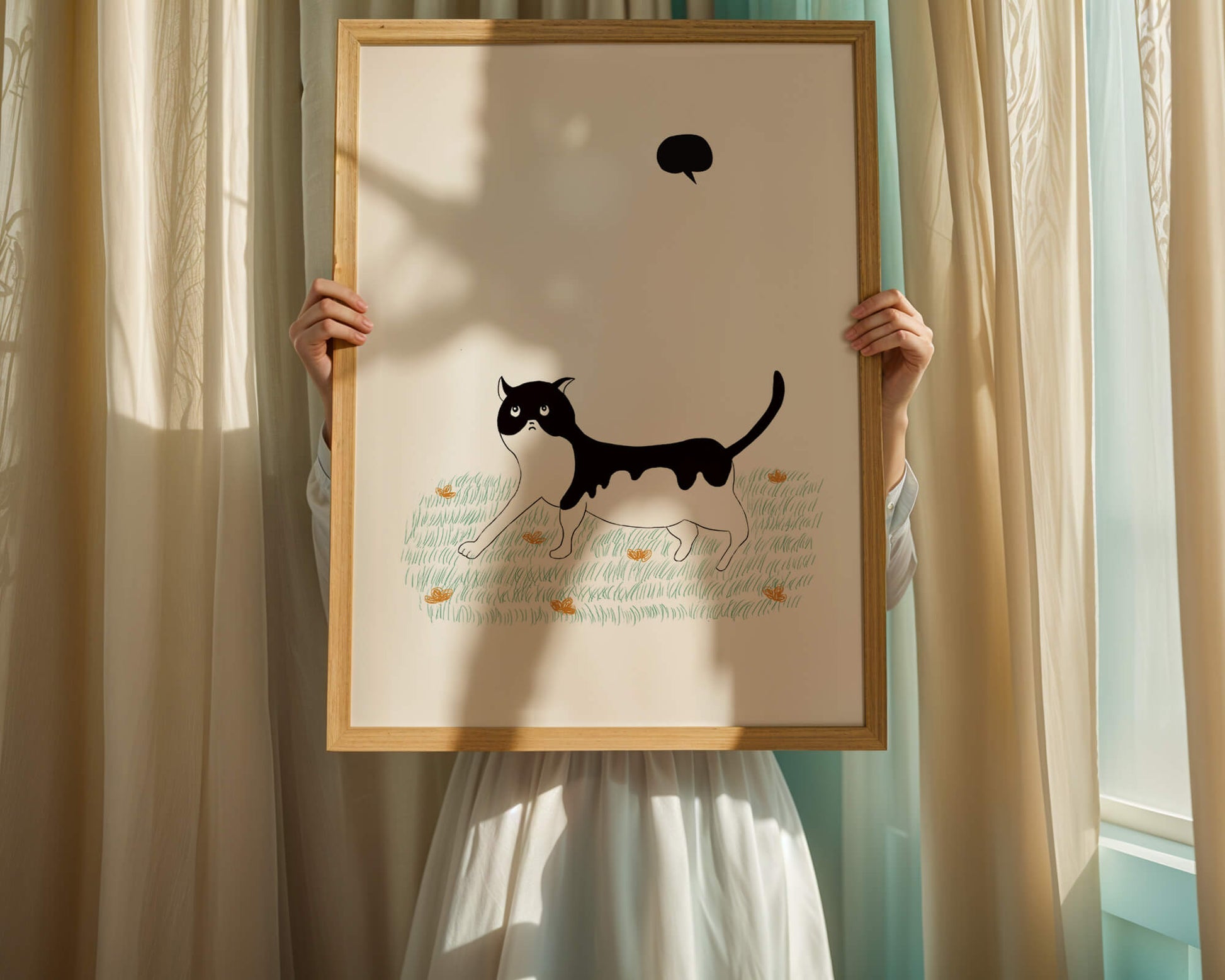 Whimsical cat illustration in field of flowers
