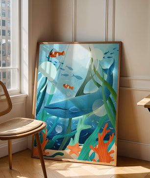 Underwater scene with whale, fish, and sea plants illustration
