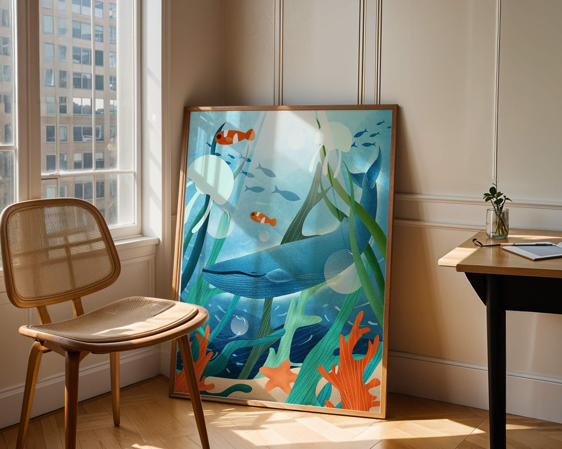 Underwater scene with whale, fish, and sea plants illustration