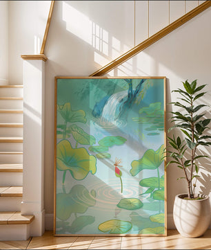 Serene pond scene with lotus leaves and waterfall
