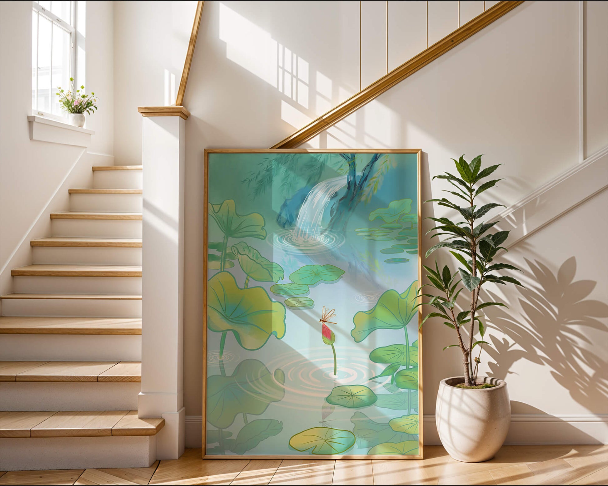 Serene pond scene with lotus leaves and waterfall