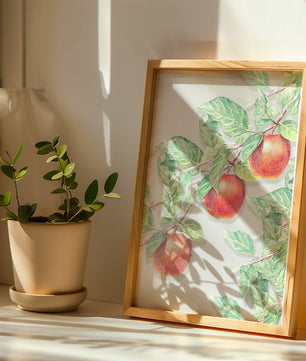 Ilustración de manzanas en la rama de un árbol con hojas verdes