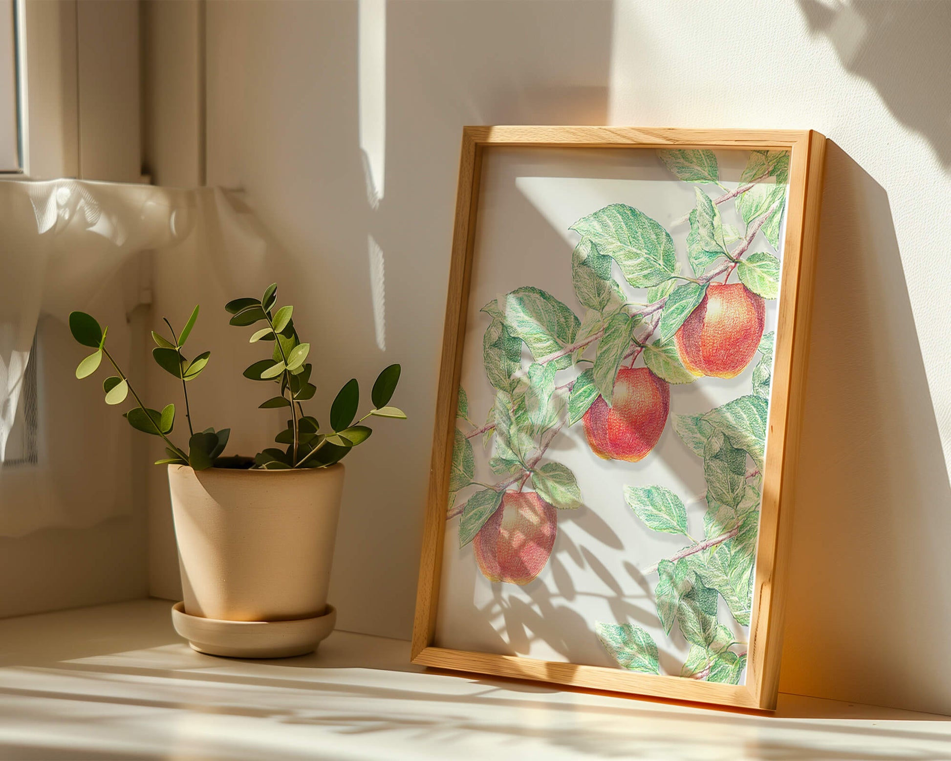 Illustration of Apples on a Tree Branch with Green Leaves