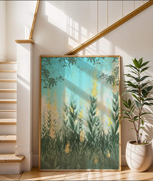 Serene Garden with Tall Green Leaves and Yellow Flowers Under Blue Sky