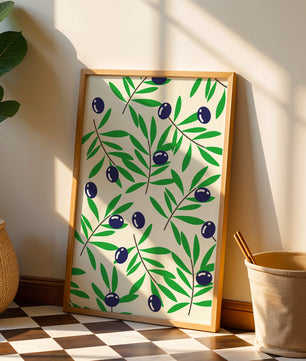Olive branch pattern with green leaves and blue olives