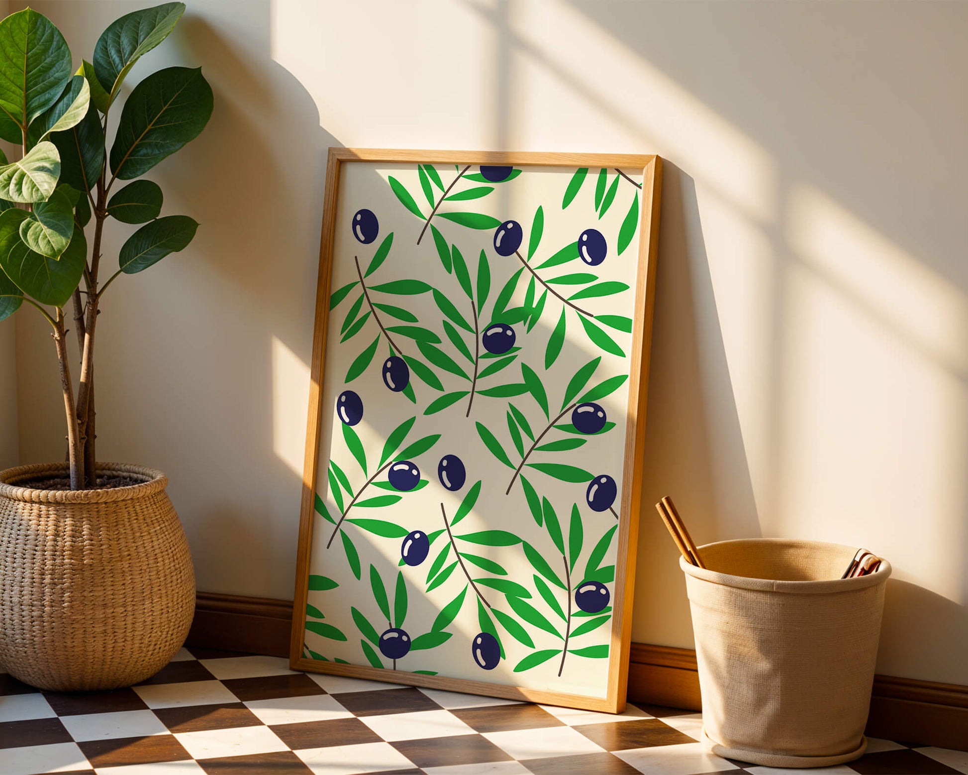 Olive branch pattern with green leaves and blue olives