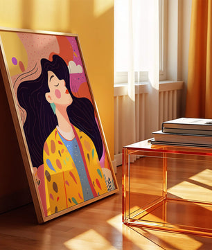 Ilustración colorida de una mujer en estilo artístico con fondo vibrante